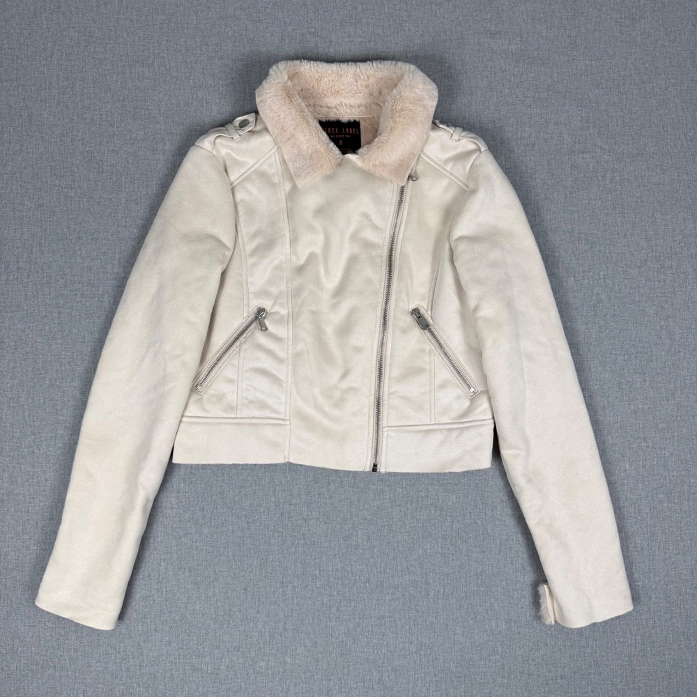 Black Label by C'est Toi Cream Faux Suede Moto Jacket Small Fur Trim